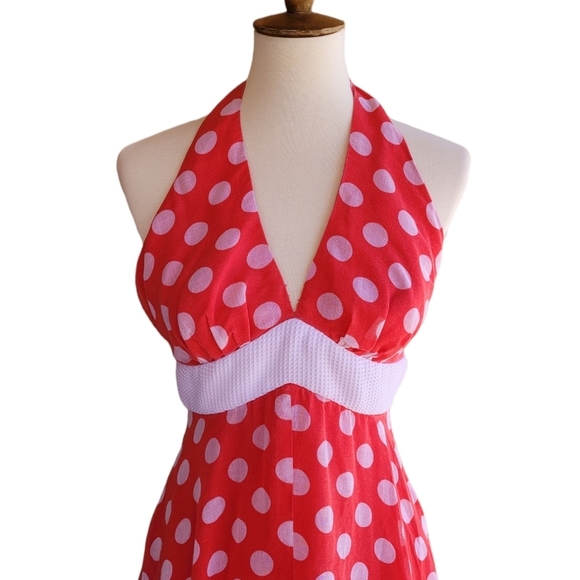 Vintage 1950's Handmade Red & White Polka Dot Halter Ankle Length Dress - Picture 3 of 6